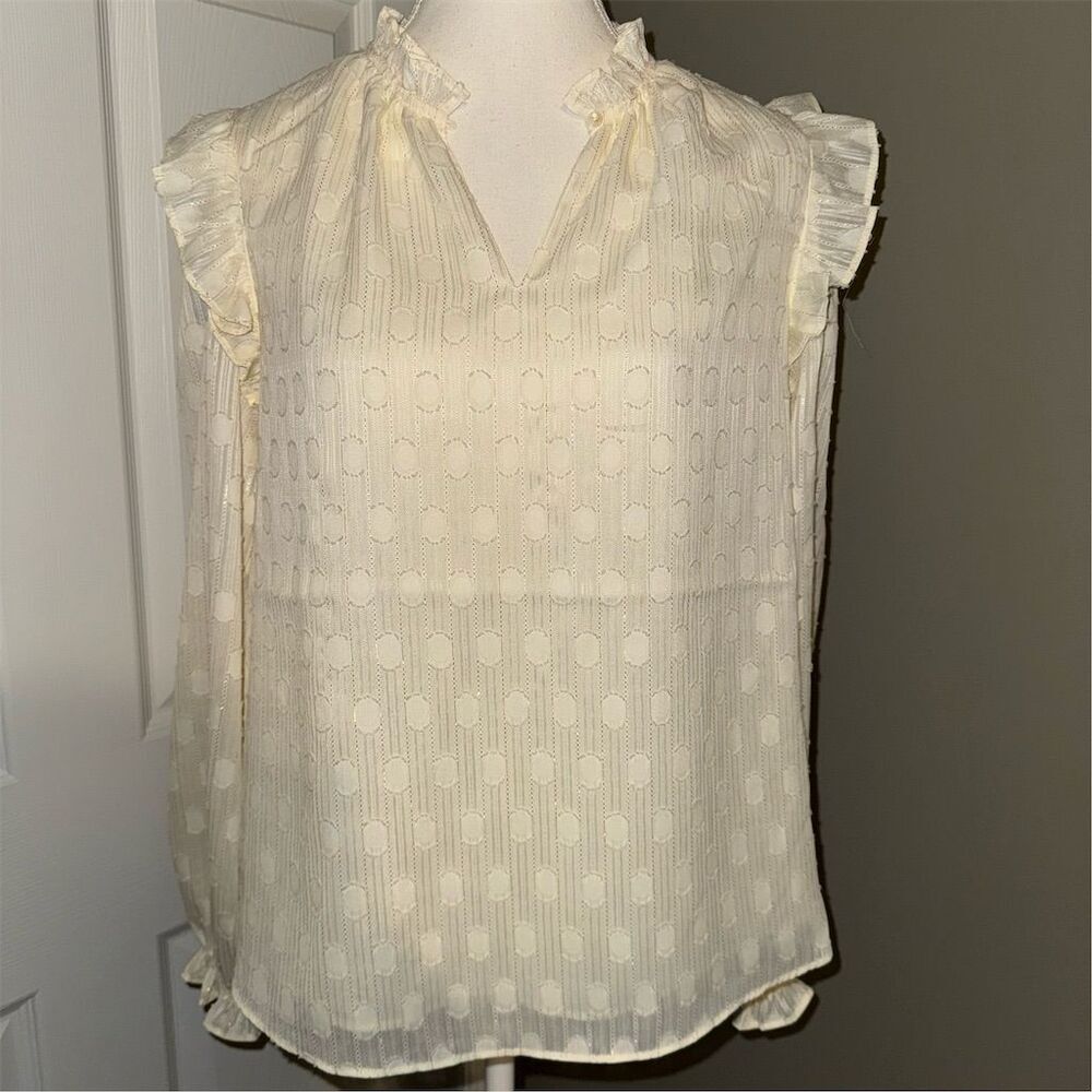 Joie Women's Ivory and Gold Ruffle Blouse M Long Balloon Sleeve Party Christmas